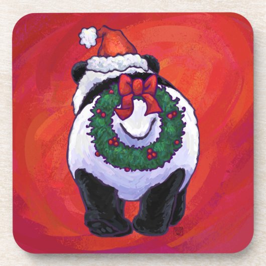 Panda-Beer in Santa Hat op rood Bier Onderzetter (Voorkant)