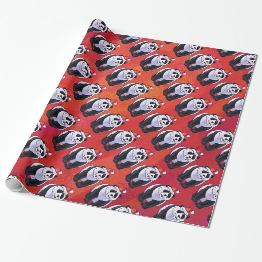 Panda-Beer in Santa Hat op rood Cadeaupapier (Uitgerold)
