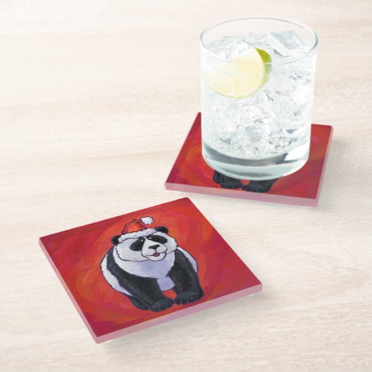 Panda-Beer in Santa Hat op rood Glazen Onderzetter (Schuin)