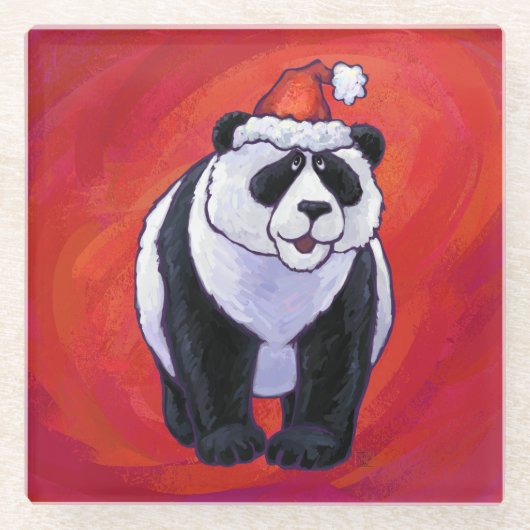Panda-Beer in Santa Hat op rood Glazen Onderzetter (Voorkant)