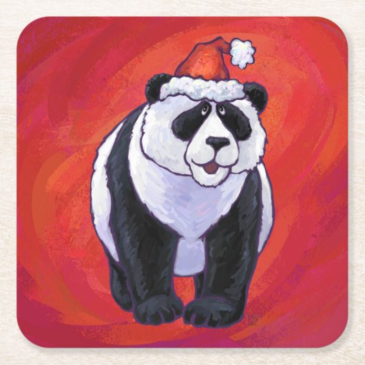 Panda-Beer in Santa Hat op rood Kartonnen Onderzetters (Voorkant)