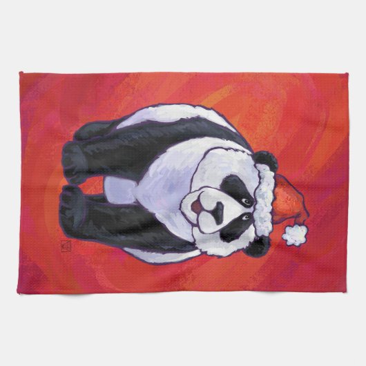 Panda-Beer in Santa Hat op rood Theedoek (Horizontaal)