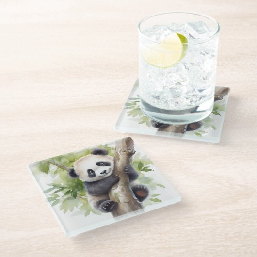 Panda Beer in Tree Glazen Onderzetter (Schuin)