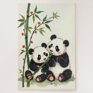 Panda Beer Koppel Eenvoudige Liefde Inkt Kunst Legpuzzel