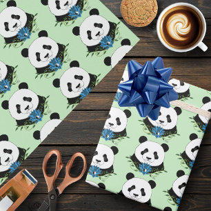 Panda Beer Lotus Flower Blue Cadeaupapier