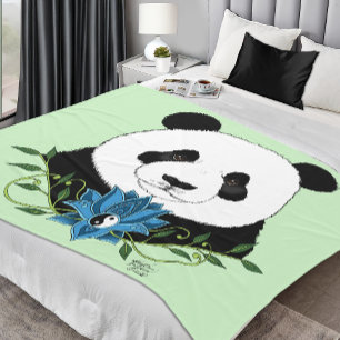 Panda Beer Lotus Flower Blue Fleece Deken