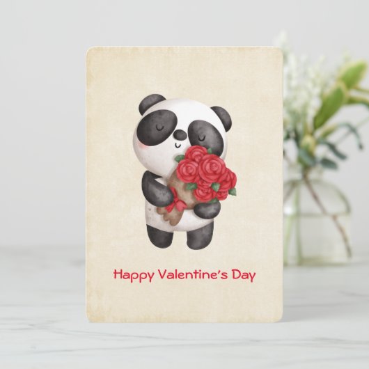 Panda-Beer met Bouquet van Valentijnse Rozen Feestdagenkaart (Staand voorkant)
