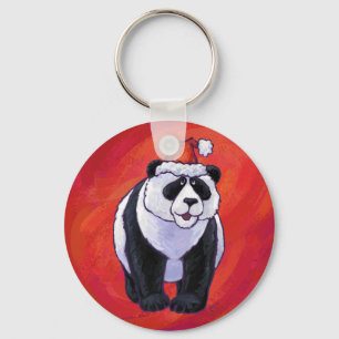Panda Beer met kerstmuts op rode achtergrond Sleutelhanger