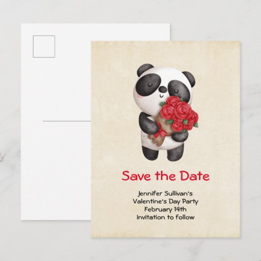 Panda Beer met Rose Bouquet Save the Date Uitnodiging Briefkaart (Voorkant / Achterkant)