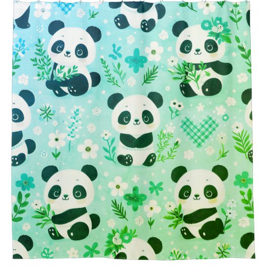 Panda Beer Patroon Groene Print Douchegordijn (Voorkant)