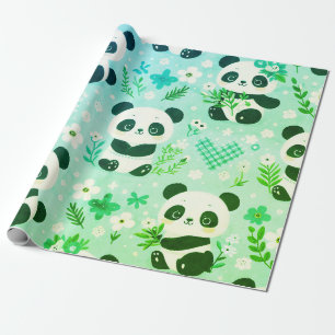 Panda Beer Pattern Green Print Cadeaupapier