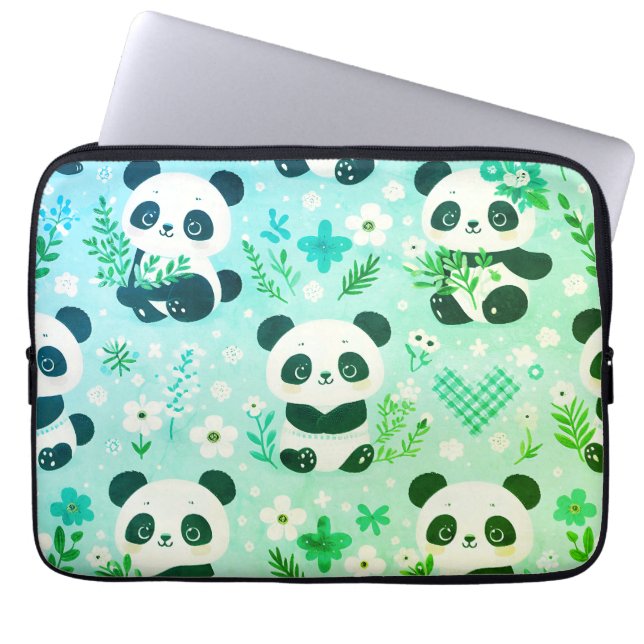 Panda Beer Pattern Green Print Laptop Sleeve (Voorkant)