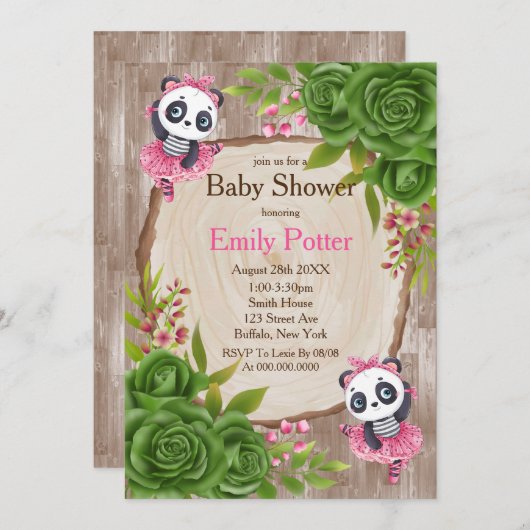 Panda Beer Roze Tutu Wood Baby Shower Invitations (Voorkant / Achterkant)