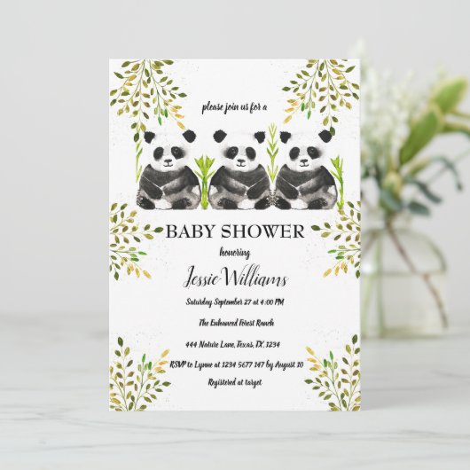 Panda Beer Triplets Baby shower groen Natuur Kaart (Staand voorkant)