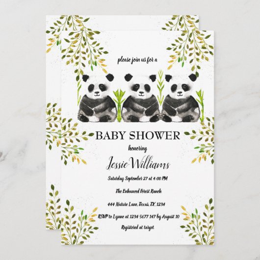 Panda Beer Triplets Baby shower groen Natuur Kaart (Voorkant / Achterkant)