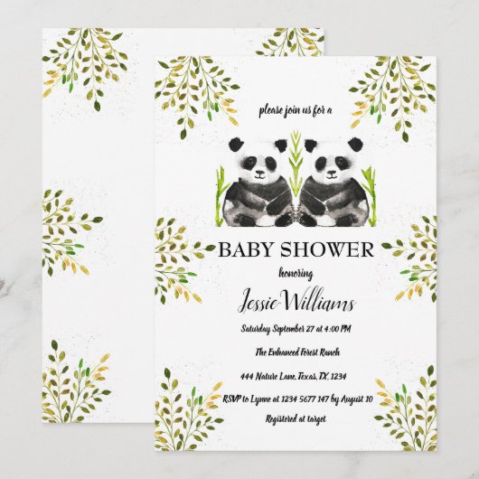 Panda Beer Twins Baby shower Groen Natuur Kaart (Voorkant / Achterkant)