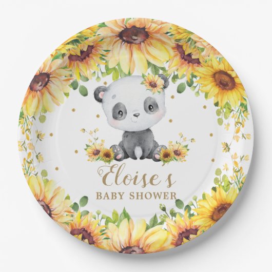 Panda Beer Zonnebloemen Baby shower Verjaardagsfee Papieren Bordje (Voorkant)