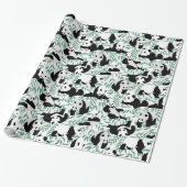 Panda Beren Groen Bamboe Wit Patroon Cadeaupapier (Uitgerold)