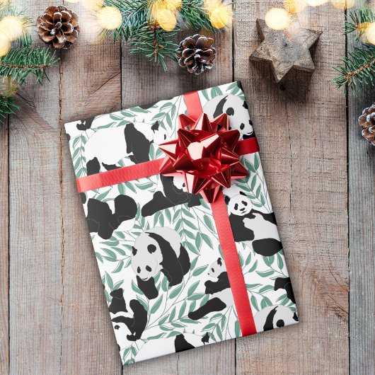 Panda Beren Groen Bamboe Wit Patroon Cadeaupapier
