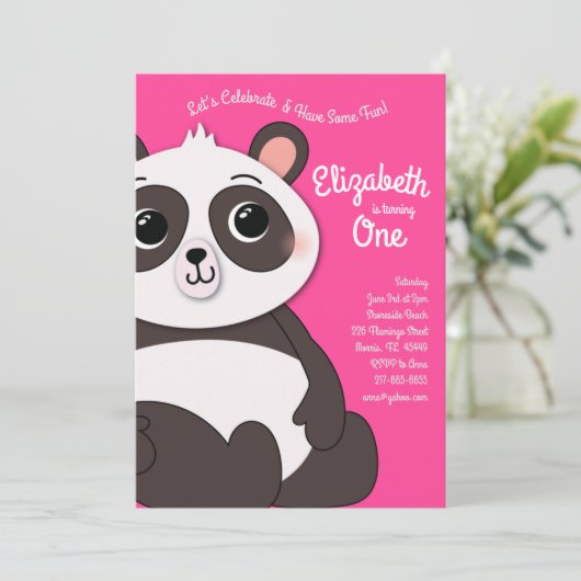 Panda Beren klinken Kinder eerste verjaardag roze Kaart (Staand voorkant)