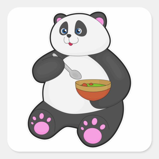 Panda bij Eaten met Spoon & Bowl Vierkante Sticker (Voorkant)