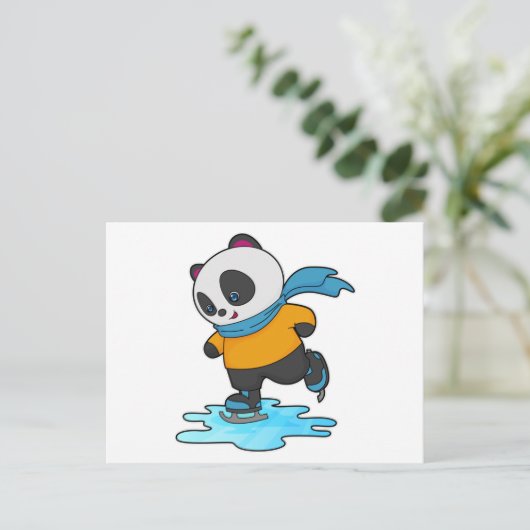 Panda bij het schaatsen met schaatsen & sjaal briefkaart (Staand voorkant)