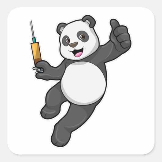 Panda bij vaccinatie met spuit vierkante sticker (Voorkant)