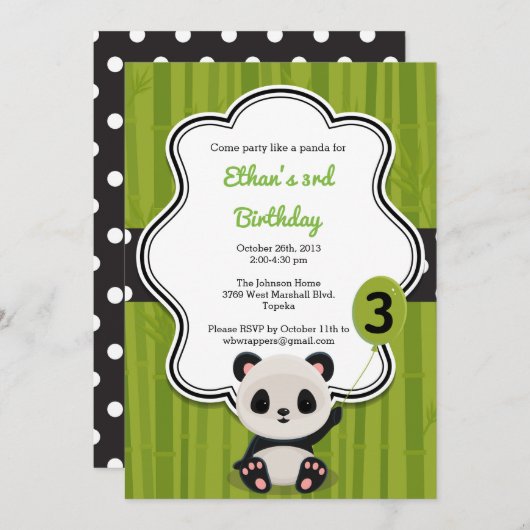 Panda Birthday Party Invitation - Green and Black Kaart (Voorkant / Achterkant)