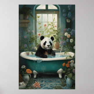 Panda Bloem Badkamer Kunstprint, Vintage Botanisch Poster
