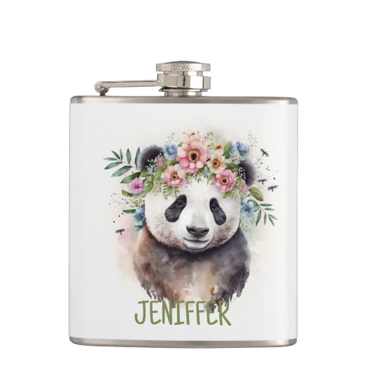 Panda Bloemen Aquarel                           Heupfles (Voorkant)
