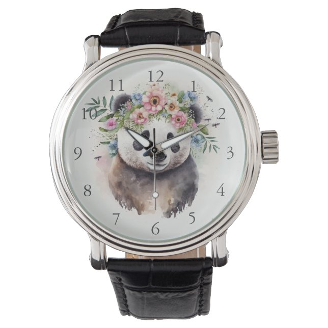 Panda Bloemen Aquarel              Horloge (Voorkant)