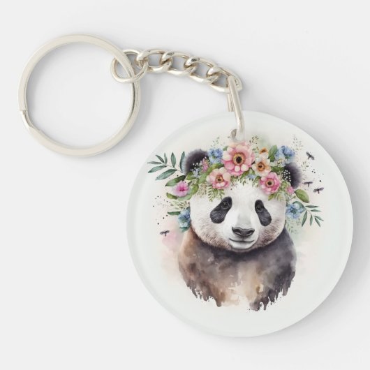Panda Bloemen Aquarel Sleutelhanger (Voorkant)