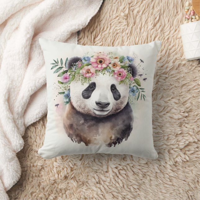 Panda Bloemen Waterverf                           Kussen (Deken)