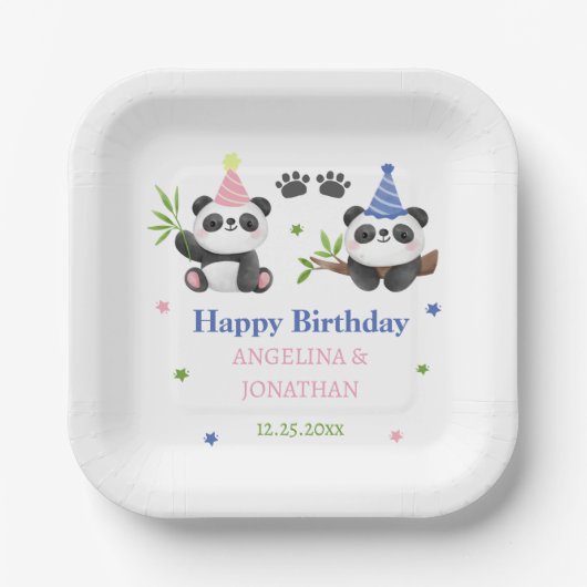 Panda Boy and Girl Joint Birthday  Papieren Bordje (Voorkant)