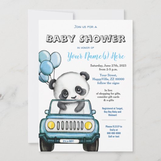 Panda Boy Baby shower Car Invitation Kaart (Voorkant)