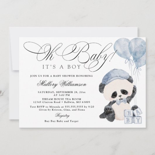 Panda Boy Baby shower Uitnodiging (Voorkant)