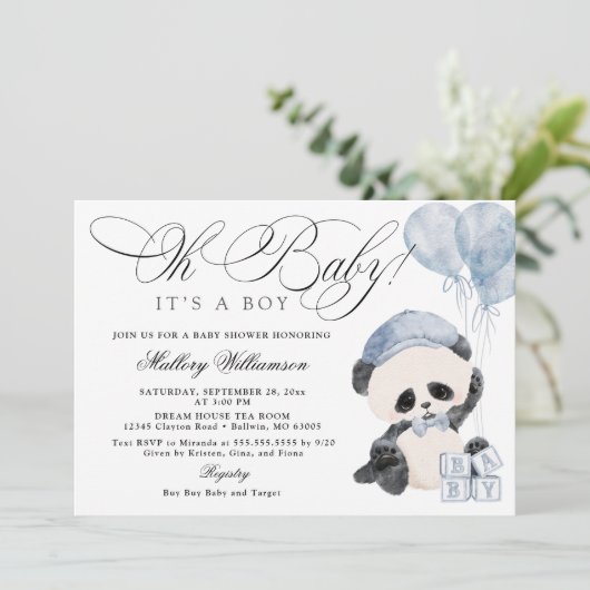 Panda Boy Baby shower Uitnodiging (Staand voorkant)