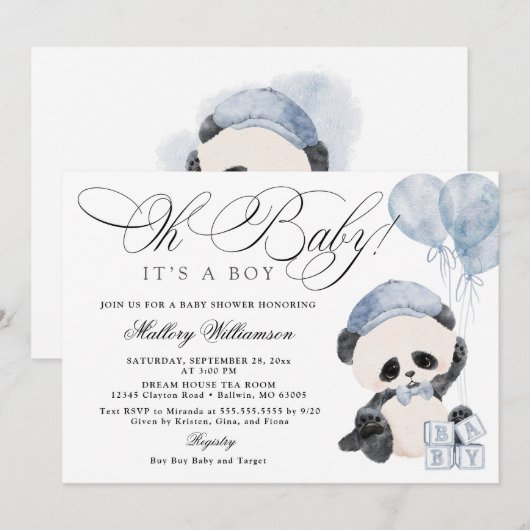 Panda Boy Baby shower Uitnodiging (Voorkant / Achterkant)