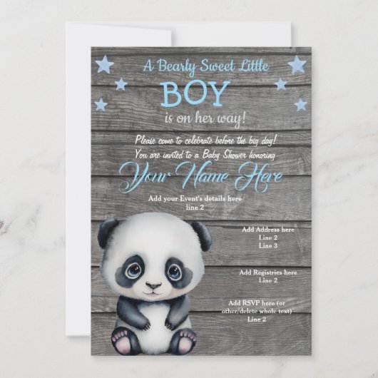 Panda Boy Baby shower Uitnodiging, bijtende blauwe Kaart (Voorkant)