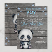 Panda Boy Baby shower Uitnodiging, bijtende blauwe Kaart (Voorkant / Achterkant)