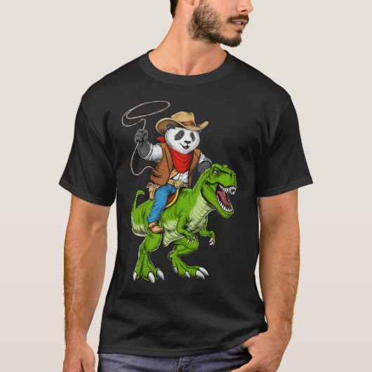Panda Cowboy Riding T-Rex Dinosaur T-shirt (Voorkant)