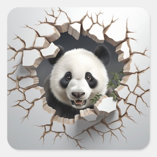 Panda Cracked Hole Art Panda Smashed Wall 3D Vierkante Sticker (Voorkant)