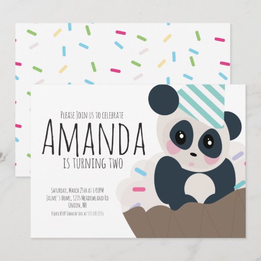 Panda Cupcake Sprinkles Verjaardag Uitnodiging Elk (Voorkant / Achterkant)