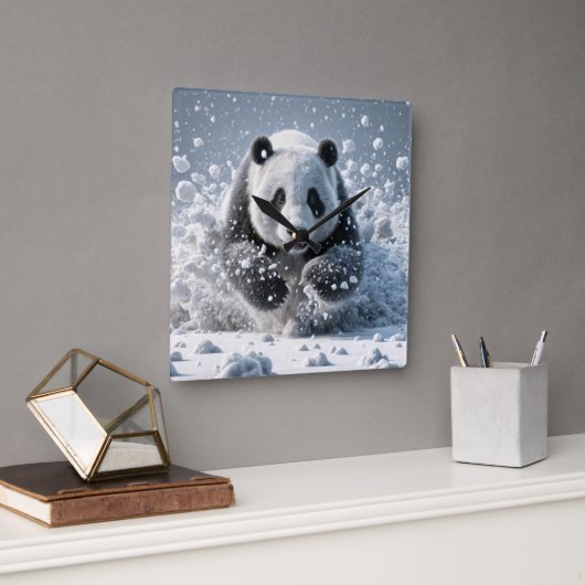 Panda die in de sneeuw rent vierkante klok (Kantoor)