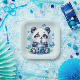 Panda Drink Blue Boba Bubble Tea Papieren Bordje