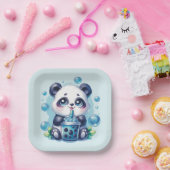 Panda Drink Blue Boba Bubble Tea Papieren Bordje (Feest)