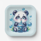 Panda Drink Blue Boba Bubble Tea Papieren Bordje (Voorkant)