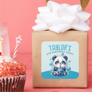 Panda Drink Blue Boba Bubble Tea Verjaardagsfeest Vierkante Sticker