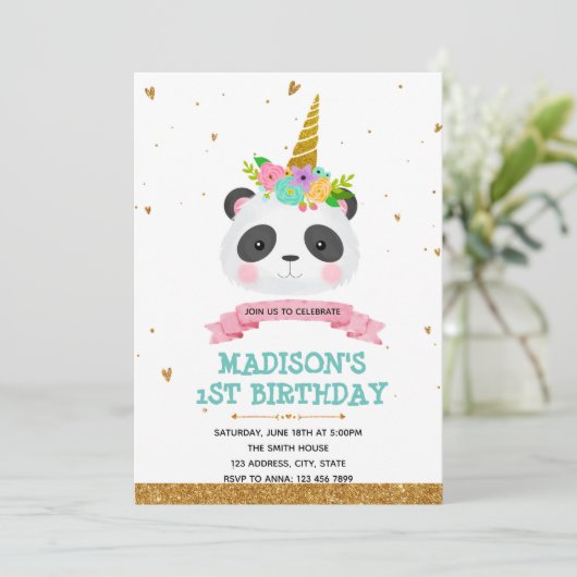 Panda eenhoorn verjaardagsuitnodiging kaart (Staand voorkant)