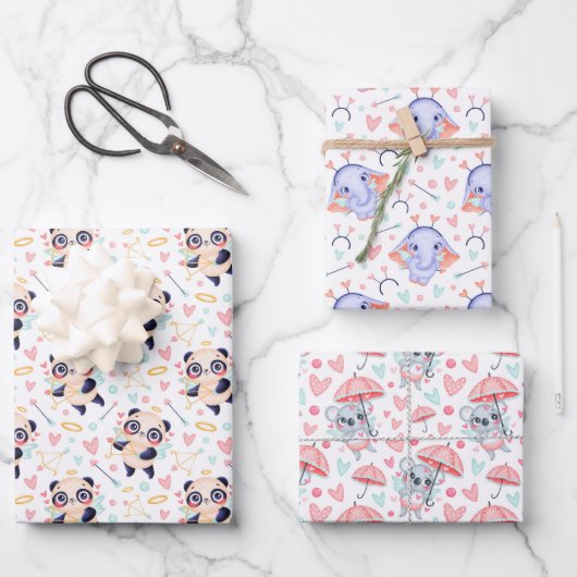Panda Elephant Koala Love Wrapping Paper Set of 3 (Voorkant)